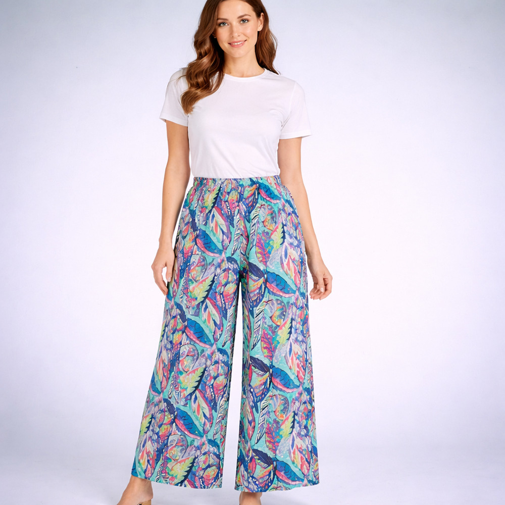 Habitat Escape Size Medium M Blue Tropical Print Pull On Wide Leg Woven Pants